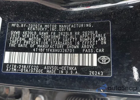 2017 Toyota Camry Le from USA, damaged, VIN 4T1BF1FK6HU326701